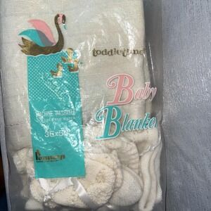 Vtg ToddleTime White Acrylic Thermal Baby Crib Blanket Nylon Trim Morgan RARE